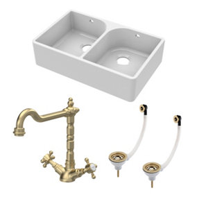 Fireclay Kitchen Bundle - Double Bowl Full Weir Butler Sink, Wastes & French Classic Tap, 795mm - Brushed Brass - Balterley