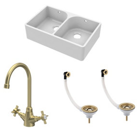 Fireclay Kitchen Bundle - Double Bowl Full Weir Butler Sink, Wastes & Mono Crosshead Tap, 795mm - Brushed Brass - Balterley