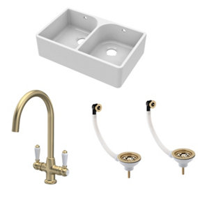 Fireclay Kitchen Bundle - Double Bowl Full Weir Butler Sink, Wastes & Mono Lever Tap, 795mm - Brushed Brass - Balterley