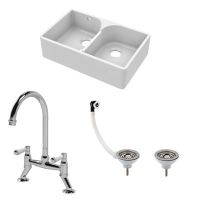 Fireclay Kitchen Bundle - Double Bowl Stepped Weir Butler Sink, Compatible Wastes & Bridge Lever Tap, 795mm - Chrome - Balterley