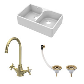 Fireclay Kitchen Bundle - Double Bowl Stepped Weir Butler Sink, Wastes & Crosshead Tap, 795mm - Brushed Brass - Balterley