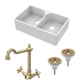 Fireclay Kitchen Bundle - Double Bowl Stepped Weir Butler Sink, Wastes & French Classic Tap, 795mm - Brushed Brass - Balterley