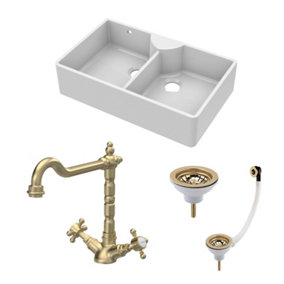Fireclay Kitchen Bundle - Double Bowl Stepped Weir Butler Sink, Wastes & French Classic Tap, 895mm - Brushed Brass - Balterley