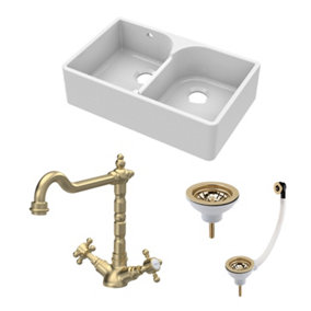 Fireclay Kitchen Bundle - Double Bowl Stepped Weir Butler Sink, Wastes & French Tap, 795mm - Brushed Brass - Balterley