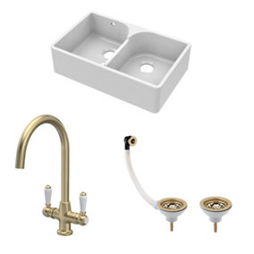 Fireclay Kitchen Bundle - Double Bowl Stepped Weir Butler Sink, Wastes & Lever Tap, 795mm - Brushed Brass - Balterley
