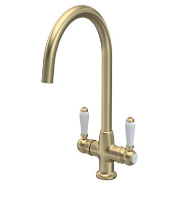 Fireclay Kitchen Bundle - Double Bowl Stepped Weir Butler Sink, Wastes & Lever Tap, 795mm - Brushed Brass - Balterley