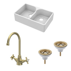 Fireclay Kitchen Bundle - Double Bowl Stepped Weir Butler Sink, Wastes & Mono Crosshead Tap, 795mm - Brushed Brass - Balterley