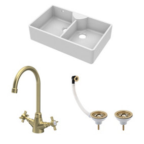 Fireclay Kitchen Bundle - Double Bowl Stepped Weir Butler Sink, Wastes & Mono Crosshead Tap, 895mm - Brushed Brass - Balterley