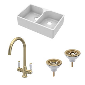 Fireclay Kitchen Bundle - Double Bowl Stepped Weir Butler Sink, Wastes & Mono Lever Tap, 795mm - Brushed Brass - Balterley