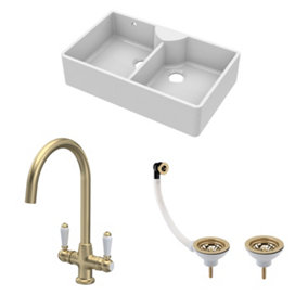 Fireclay Kitchen Bundle - Double Bowl Stepped Weir Butler Sink, Wastes & Mono Lever Tap, 895mm - Brushed Brass - Balterley