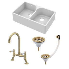 Fireclay Kitchen Bundle - Double Bowl Stepped Weir Butler Sink with Wastes & Bridge Lever Tap, 795mm - Brushed Brass - Balterley