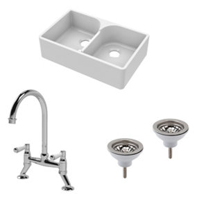 Fireclay Kitchen Bundle - Double Bowl Stepped Weir Butler Sink with Wastes & Bridge Lever Tap, 795mm - Chrome - Balterley