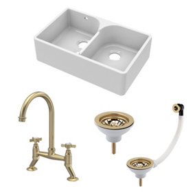 Fireclay Kitchen Bundle - Double Bowl Stepped Weir Butler Sink with Wastes & Crosshead Tap, 795mm - Brushed Brass - Balterley