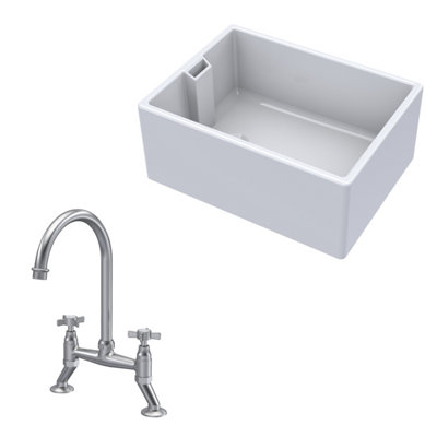 Fireclay Kitchen Bundle - Single Bowl Belfast Sink & Bridge Crosshead Mixer Tap, 615mm - Brushed Nickel - Balterley