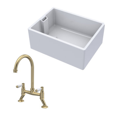 Fireclay Kitchen Bundle - Single Bowl Belfast Sink & Bridge Lever Mixer Tap, 615mm - Brushed Brass - Balterley