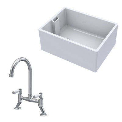 Fireclay Kitchen Bundle - Single Bowl Belfast Sink & Bridge Lever Mixer Tap, 615mm - Brushed Nickel - Balterley