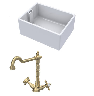 Fireclay Kitchen Bundle - Single Bowl Belfast Sink & French Classic Mono Tap, 615mm - Brushed Brass - Balterley