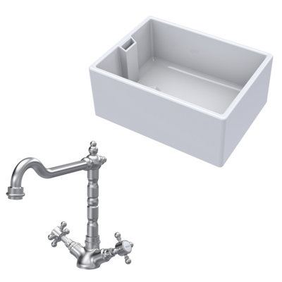 Fireclay Kitchen Bundle - Single Bowl Belfast Sink & French Classic Mono Tap, 615mm - Brushed Nickel - Balterley