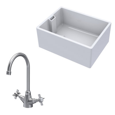 Fireclay Kitchen Bundle - Single Bowl Belfast Sink & Mono Crosshead Handle Tap, 615mm - Brushed Nickel - Balterley