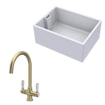 Fireclay Kitchen Bundle - Single Bowl Belfast Sink & Mono Lever Handle Tap, 615mm - Brushed Brass - Balterley