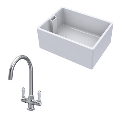 Fireclay Kitchen Bundle - Single Bowl Belfast Sink & Mono Lever Handle Tap, 615mm - Brushed Nickel - Balterley