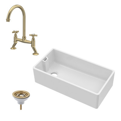 Fireclay Kitchen Bundle - Single Bowl Belfast Sink, Strainer Waste & Bridge Crosshead Mixer Tap, 895mm - Brushed Brass - Balterley