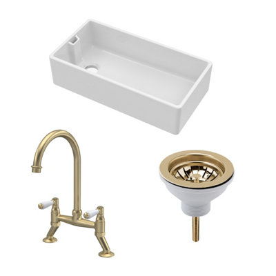 Fireclay Kitchen Bundle - Single Bowl Belfast Sink, Strainer Waste & Bridge Lever Mixer Tap, 895mm - Brushed Brass - Balterley