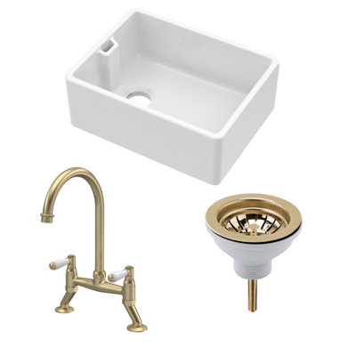 Fireclay Kitchen Bundle - Single Bowl Belfast Sink, Strainer Waste & Bridge Lever Tap, 595mm - Brushed Brass - Balterley