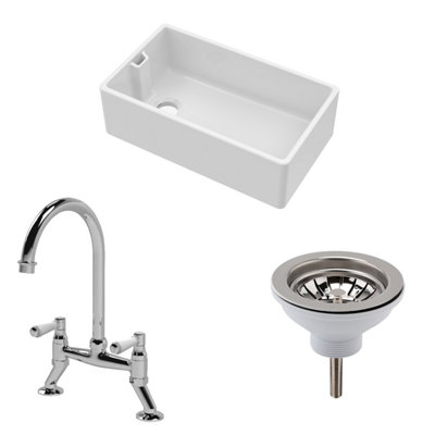 Fireclay Kitchen Bundle - Single Bowl Belfast Sink, Strainer Waste & Bridge Mixer Tap, 795mm - Chrome - Balterley