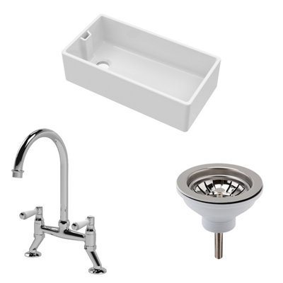 Fireclay Kitchen Bundle - Single Bowl Belfast Sink, Strainer Waste & Bridge Mixer Tap, 895mm - Chrome - Balterley