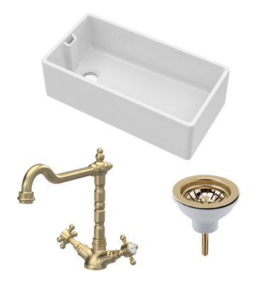 Fireclay Kitchen Bundle - Single Bowl Belfast Sink, Strainer Waste & French Classic Mono Tap, 895mm - Brushed Brass - Balterley