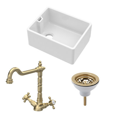 Fireclay Kitchen Bundle - Single Bowl Belfast Sink, Strainer Waste & French Classic Tap, 595mm - Brushed Brass - Balterley