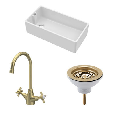 Fireclay Kitchen Bundle - Single Bowl Belfast Sink, Strainer Waste & Mono Crosshead Handle Tap, 895mm - Brushed Brass - Balterley