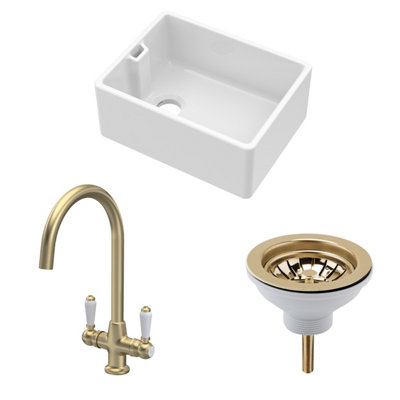 Fireclay Kitchen Bundle - Single Bowl Belfast Sink, Strainer Waste & Mono Lever Tap, 595mm - Brushed Brass - Balterley