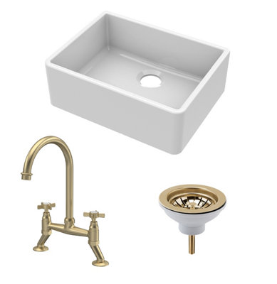 Fireclay Kitchen Bundle - Single Bowl Butler Sink, Strainer Waste & Bridge Crosshead Mixer Tap, 595mm - Brushed Brass - Balterley