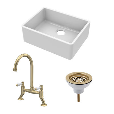 Fireclay Kitchen Bundle - Single Bowl Butler Sink, Strainer Waste & Bridge Lever Mixer Tap, 595mm - Brushed Brass - Balterley