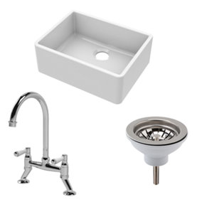 Fireclay Kitchen Bundle - Single Bowl Butler Sink, Strainer Waste & Bridge Mixer Tap, 595mm - Chrome - Balterley