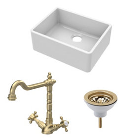 Fireclay Kitchen Bundle - Single Bowl Butler Sink, Strainer Waste & French Classic Mono Tap, 595mm - Brushed Brass - Balterley