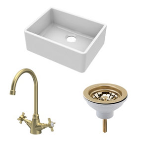 Fireclay Kitchen Bundle - Single Bowl Butler Sink, Strainer Waste & Mono Crosshead Handle Tap, 595mm - Brushed Brass - Balterley