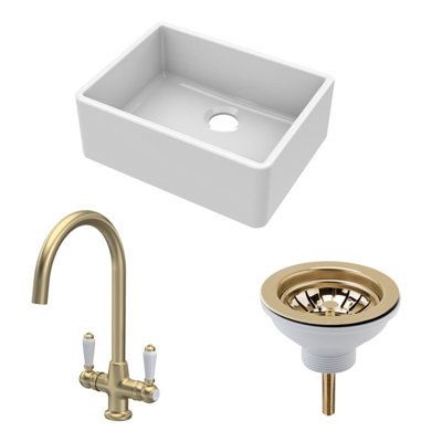 Fireclay Kitchen Bundle - Single Bowl Butler Sink, Strainer Waste & Mono Lever Handle Tap, 595mm - Brushed Brass - Balterley