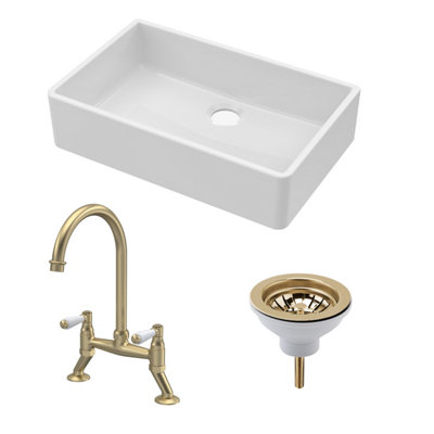 Fireclay Kitchen Bundle - Single Bowl Butler Sink, Waste & Bridge Lever Mixer Tap, 795mm - Brushed Brass - Balterley