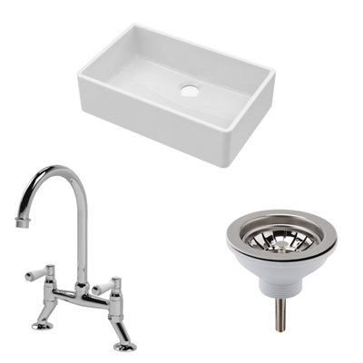 Fireclay Kitchen Bundle - Single Bowl Butler Sink, Waste & Bridge Mixer Tap, 795mm - Chrome - Balterley