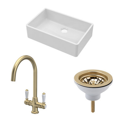 Fireclay Kitchen Bundle - Single Bowl Butler Sink, Waste & Mono Lever Handle Tap, 795mm - Brushed Brass - Balterley