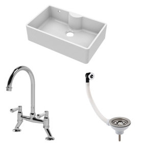 Fireclay Kitchen Bundle - Single Bowl Butler Sink with Overflow & Ledge, Waste & Bridge Mixer Tap, 795mm - Chrome - Balterley
