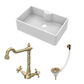 Fireclay Kitchen Bundle - Single Bowl Butler Sink with Overflow & Ledge, Waste & Classic Tap, 795mm - Brushed Brass - Balterley