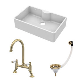 Fireclay Kitchen Bundle - Single Bowl Butler Sink with Overflow & Ledge,  Waste & Lever Tap, 795mm - Brushed Brass - Balterley