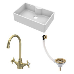 Fireclay Kitchen Bundle - Single Bowl Butler Sink with Overflow & Ledge, Waste & Mono Tap, 795mm - Brushed Brass - Balterley