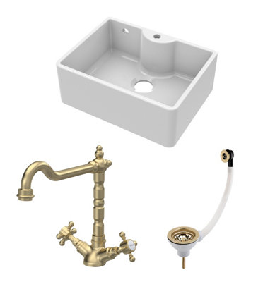 Fireclay Kitchen Bundle - Single Bowl Butler Sink with Overflow, Tap Hole, Waste & Classic Tap, 595mm - Brushed Brass - Balterley