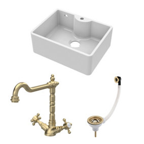 Fireclay Kitchen Bundle - Single Bowl Butler Sink with Overflow, Tap Hole, Waste & Classic Tap, 595mm - Brushed Brass - Balterley