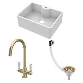 Fireclay Kitchen Bundle - Single Bowl Butler Sink with Overflow, Tap Hole, Waste & Lever Tap, 595mm - Brushed Brass - Balterley